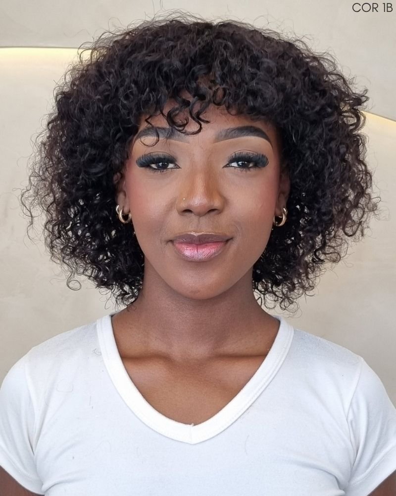 Lace Wig Humana Chica Cacheada com Franja (Cor 1B)