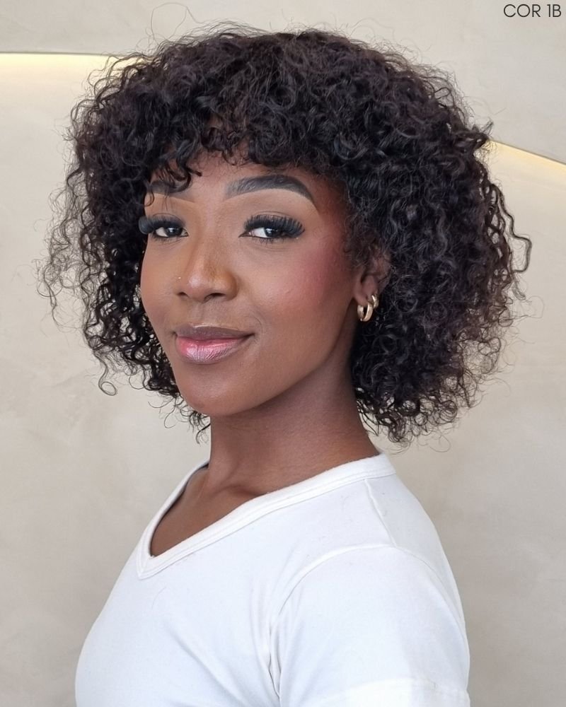 Lace Wig Humana Chica Cacheada com Franja (Cor 1B)